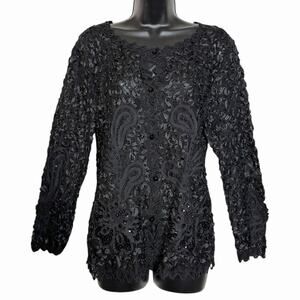 VTG 80s 90s BLACK RIBBON LACE BEADED BLAZER JACKET FORMAL FAIRY WHIMSIGOTH SZ M
